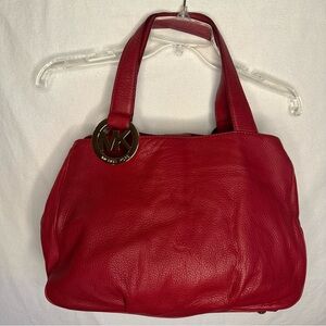 Michael Kors Fulton East West Red Leather Tote Shoulder Bag Purse Gold Hardware